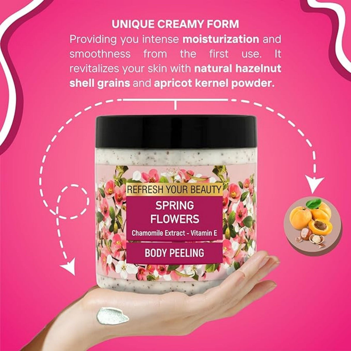 Refect Beauty Oriense Spring Flowers chamomile body scrub in a jar held in a hand with creamy texture shown