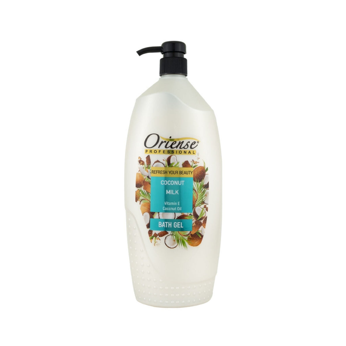 Refect Beauty Oriense Professional coconut milk bath gel in a large white pump bottle with tropical coconut graphics.