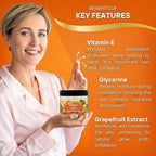 Refect Beauty Oriense Tropical Fruit body scrub jar held by a smiling woman, highlighting key skin care ingredients.