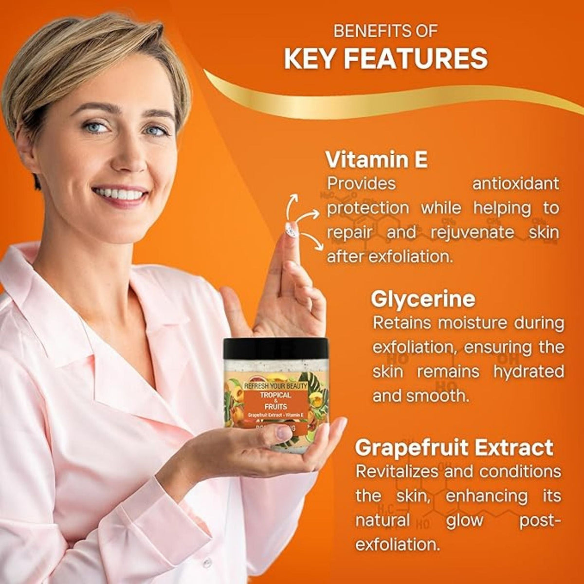 Refect Beauty Oriense Tropical Fruit body scrub jar held by a smiling woman, highlighting key skin care ingredients.