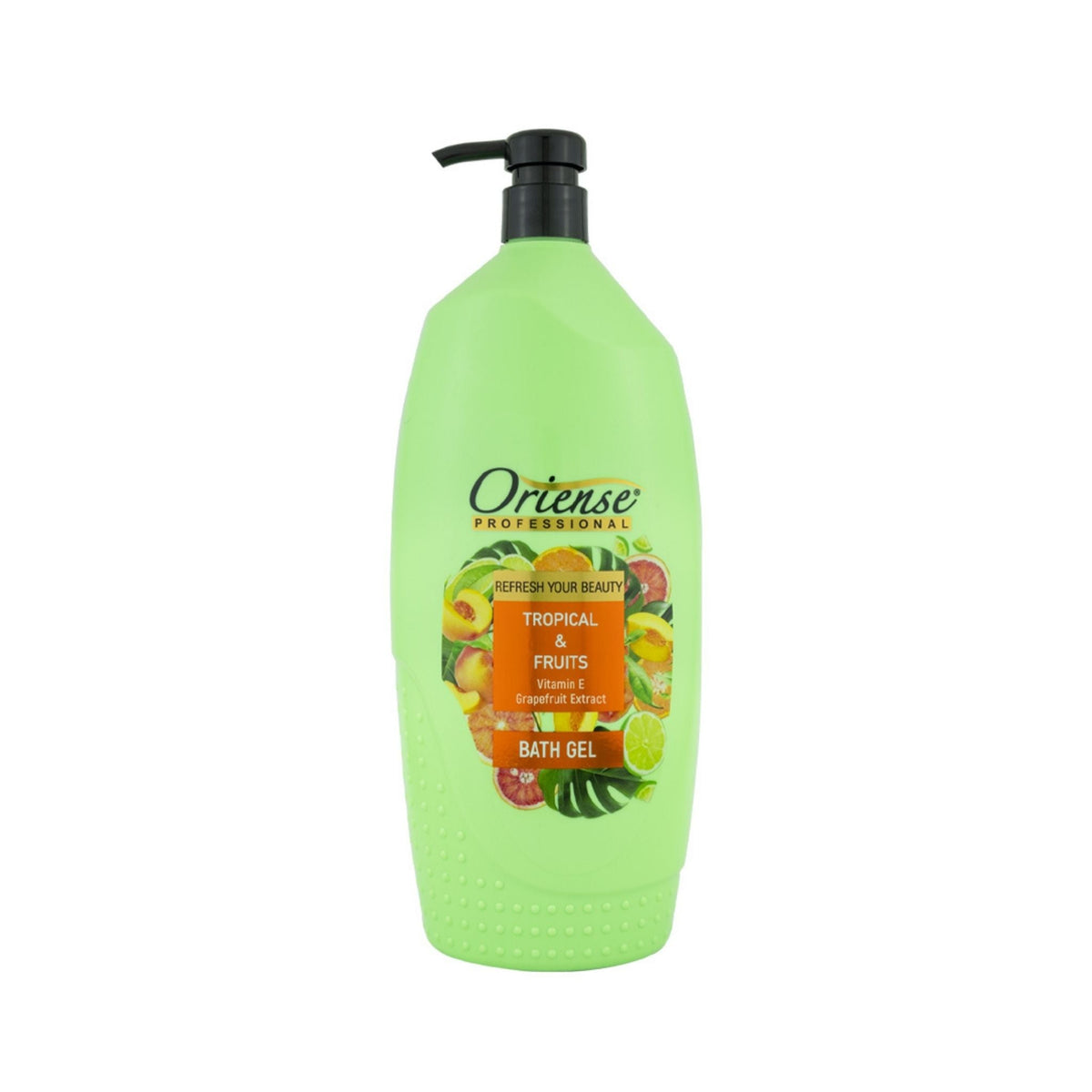 Refect Beauty Oriense Professional Tropical Fruits bath gel in a large green pump bottle with fruit label design.