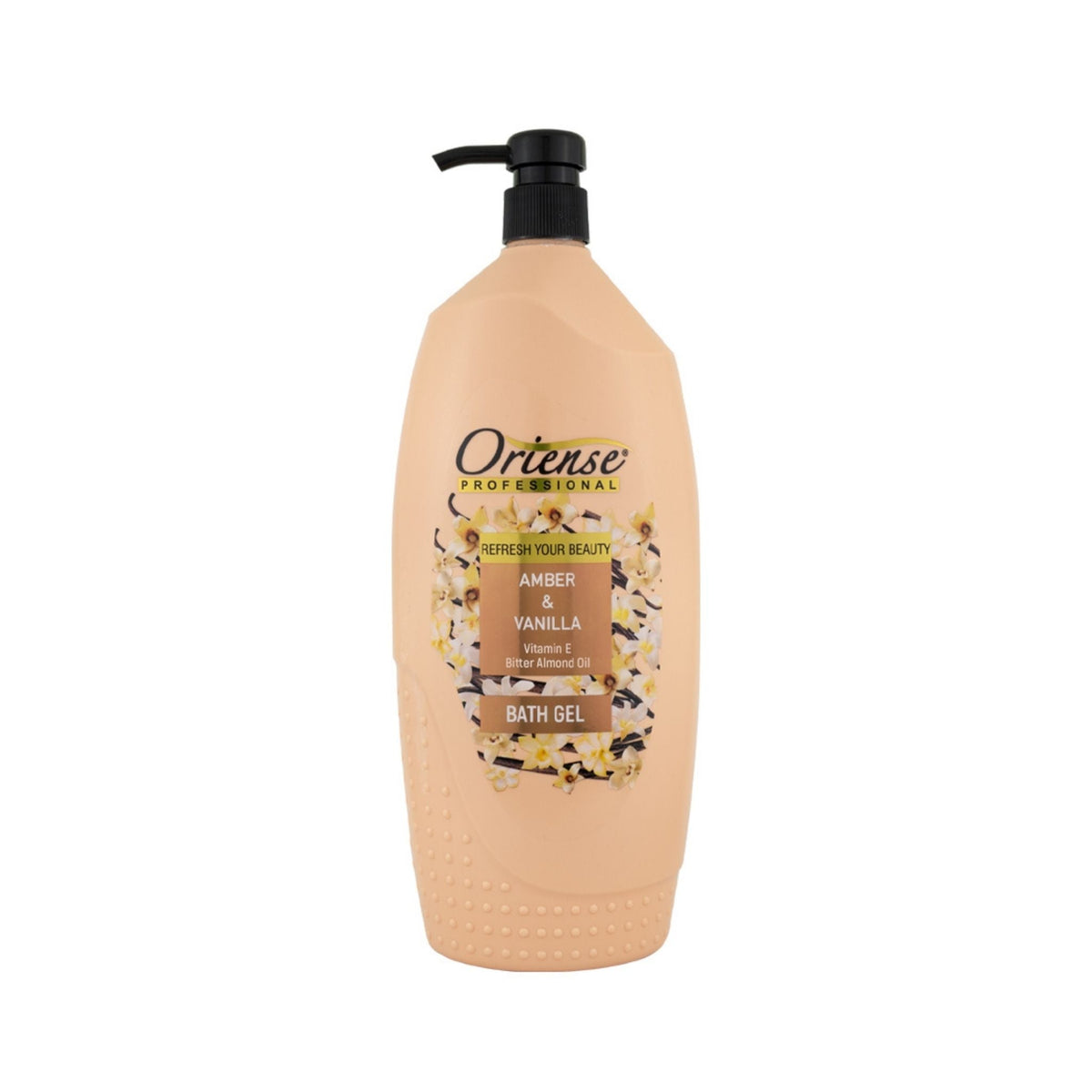 Refect Beauty Oriense Professional vanilla and amber bath gel in a beige pump bottle with floral label design.