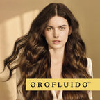 Refect Beauty model with long, wavy, shiny brown hair promoting Revlon Professional Orofluido Argan Conditioner