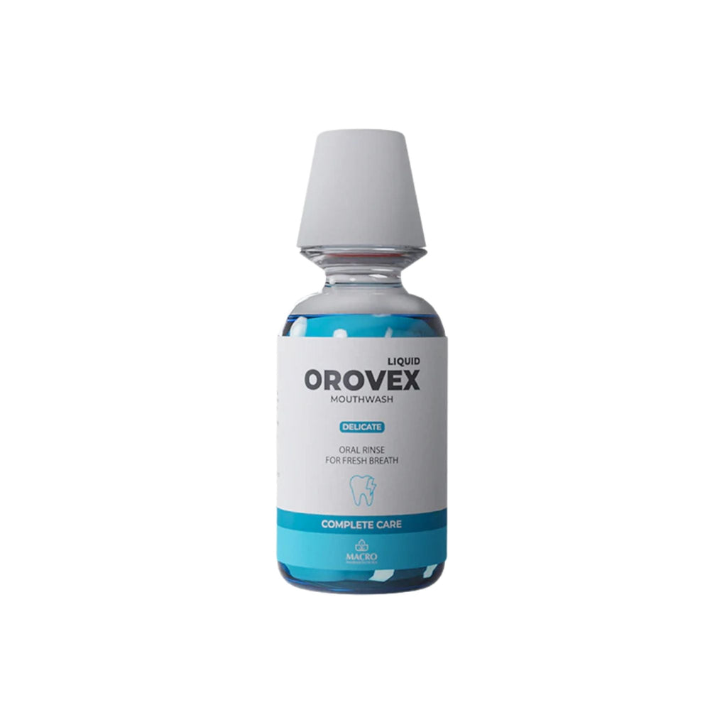 Refect Beauty Orovex Delicate alcohol-free mouthwash in a clear bottle with blue liquid for sensitive oral care