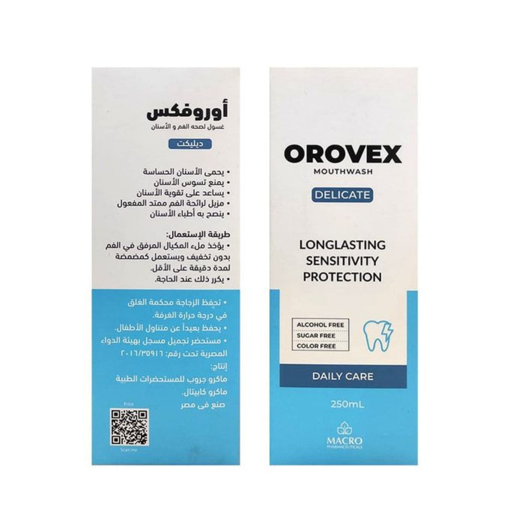 Refect Beauty Orovex Delicate alcohol-free mouthwash bottle with sensitivity protection and daily care benefits.
