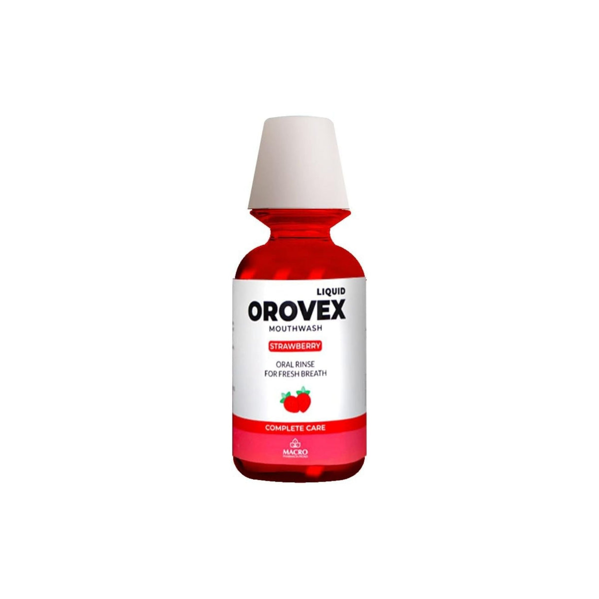 Refect Beauty Orovex strawberry flavored mouthwash in a clear red bottle with a white cap for daily oral hygiene