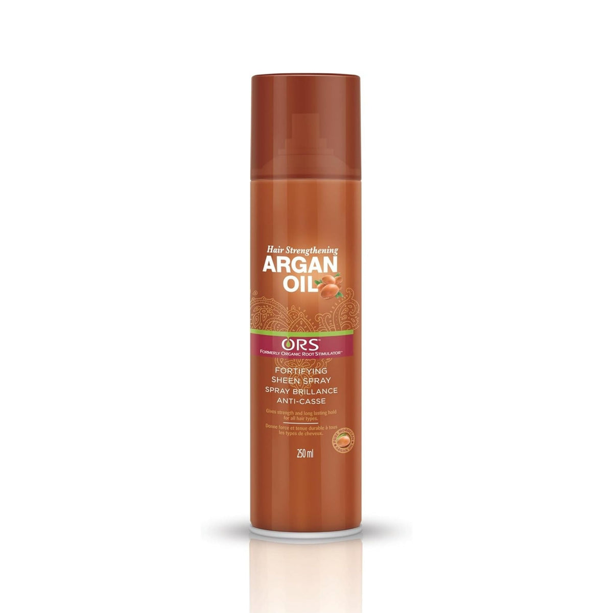Refect Beauty ORS Argan Oil Sheen Spray in a 250ml brown aerosol bottle for adding shine and softness to hair.