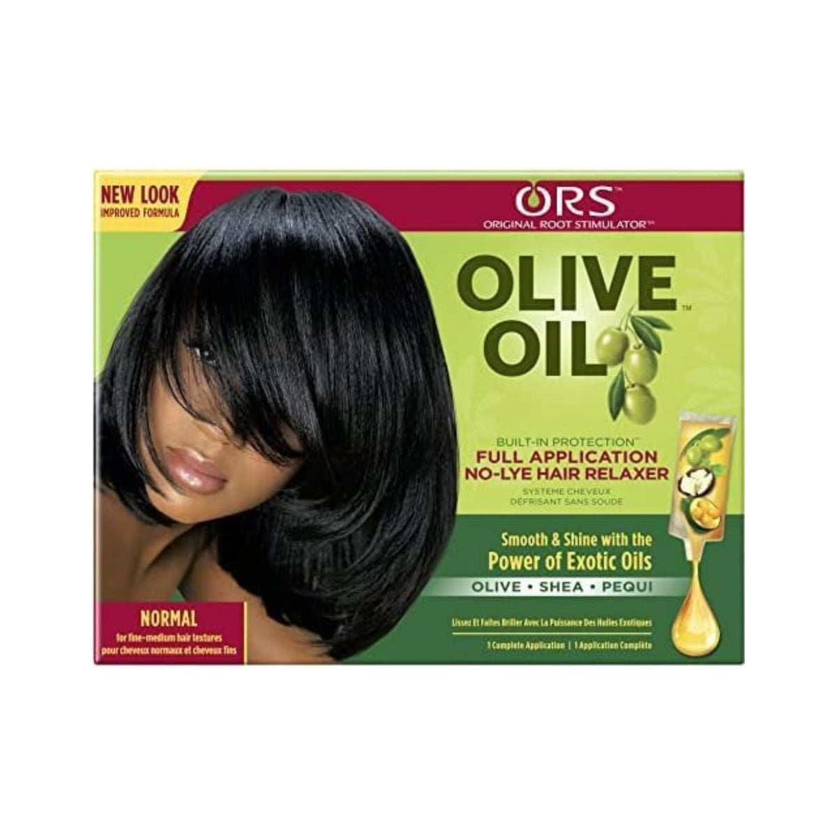 Refect Beauty ORS Olive Oil no-lye hair relaxer kit box featuring a woman with smooth, straight, shiny black hair.