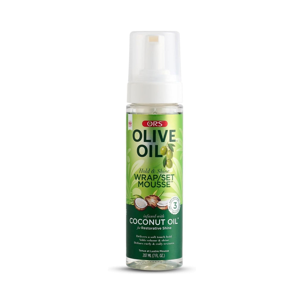 Refect Beauty ORS Olive Oil Hold & Shine Wrap/Set Mousse in a clear pump bottle for styling curls and wraps.