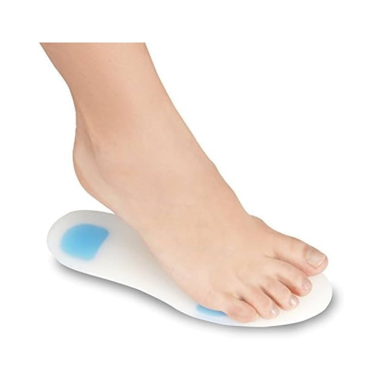 Refect Beauty orthopedic silicone full insoles with blue gel shock-absorbing inserts under a bare foot
