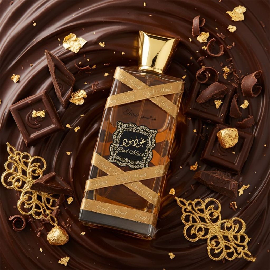Refect Beauty Lattafa Oud Mood Elixir perfume bottle surrounded by dark chocolate pieces and gold leaf accents