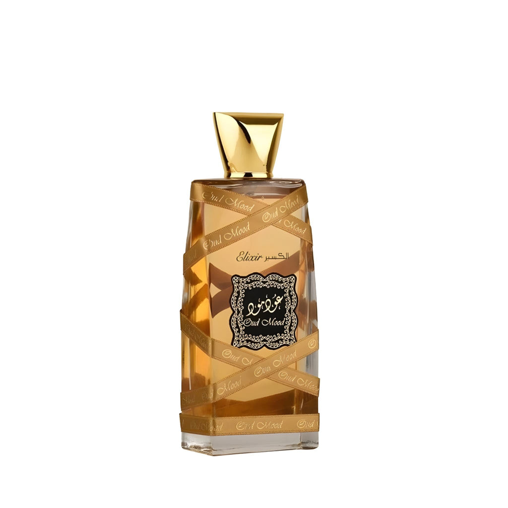 Refect Beauty Lattafa Oud Mood Elixir perfume bottle with gold cap and decorative ribbon wrap in amber glass