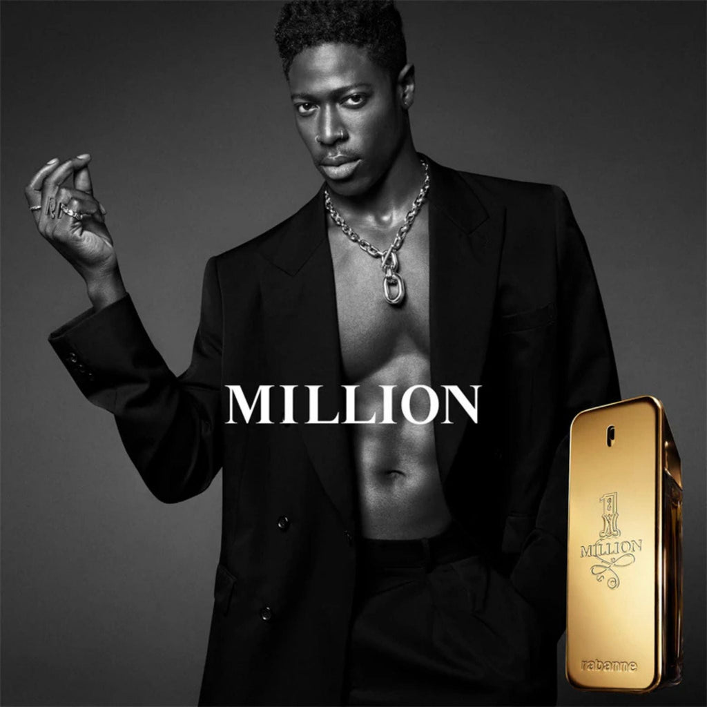 Refect Beauty Paco Rabanne 1 Million gift set featuring a gold bottle next to a stylish man in a black blazer
