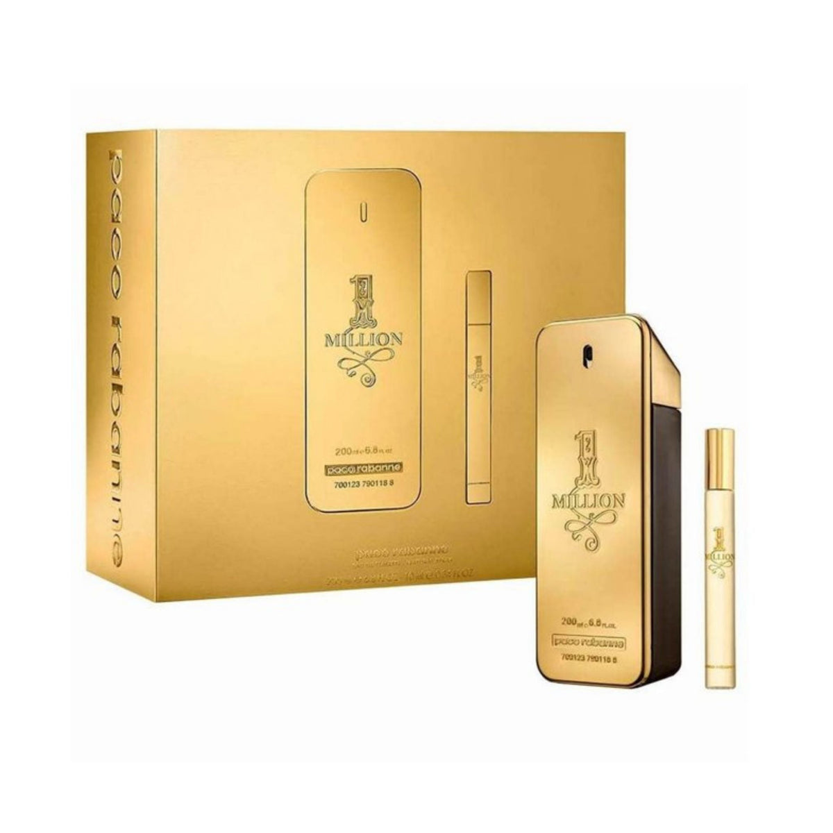Refect Beauty Paco Rabanne 1 Million gift set featuring a 200ml gold bar bottle and a 10ml travel spray for men.