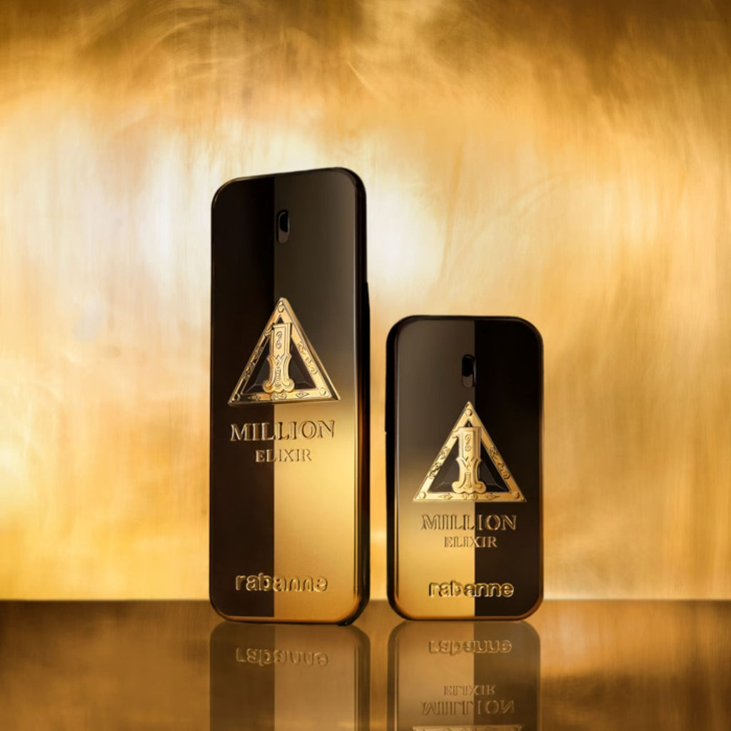 Refect Beauty Paco Rabanne 1 Million Night Elixir perfume bottles in black and gold against a shimmering gold background