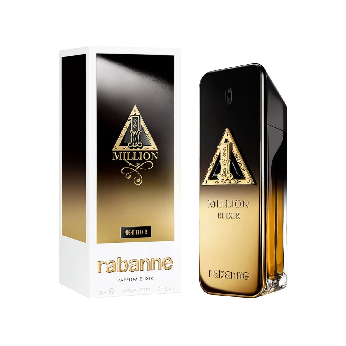 Refect Beauty Paco Rabanne 1 Million Night Elixir perfume bottle and box with gold and black gradient design