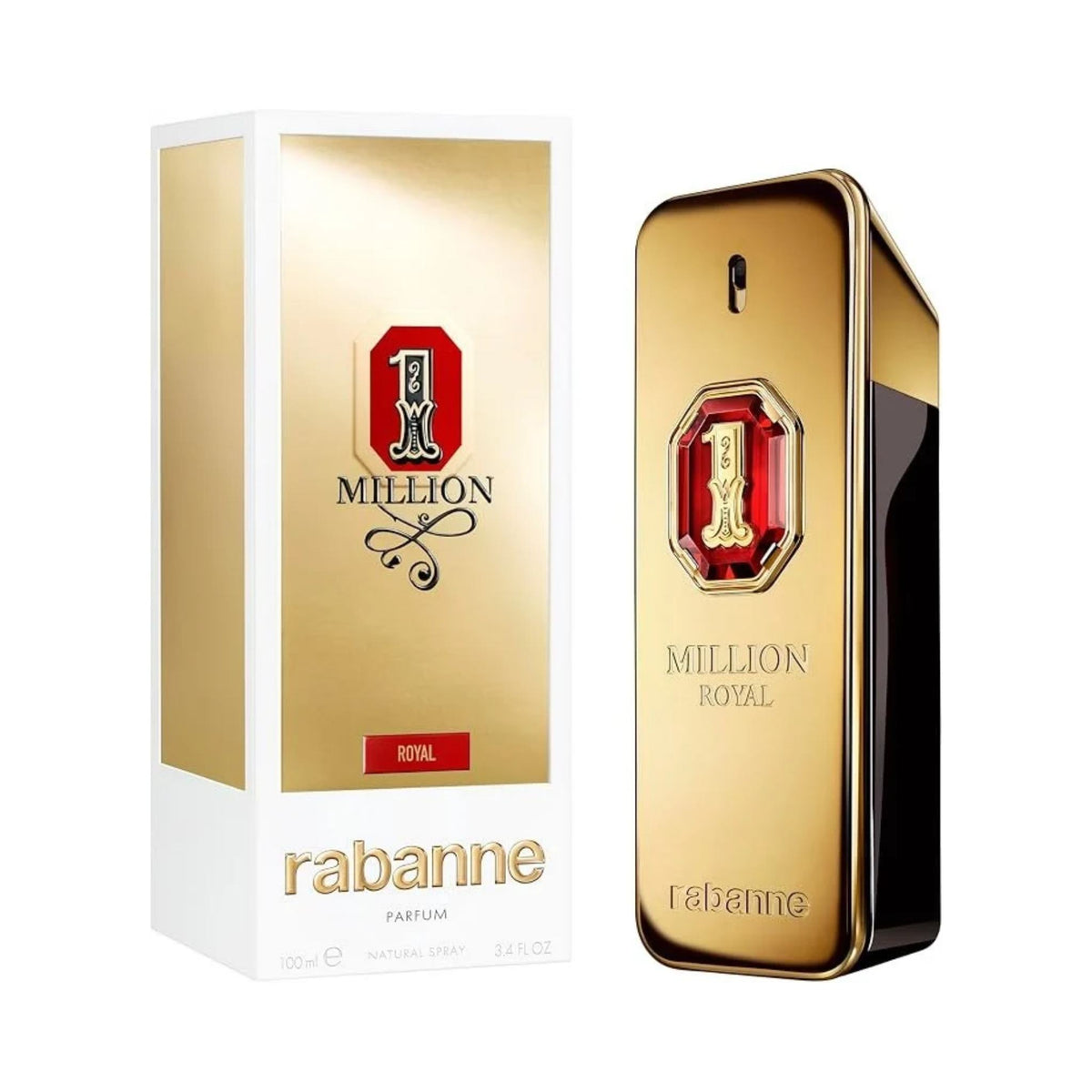 Refect Beauty Paco Rabanne 1 Million Royal Parfum in its iconic gold bar bottle with red jewel detail and box.