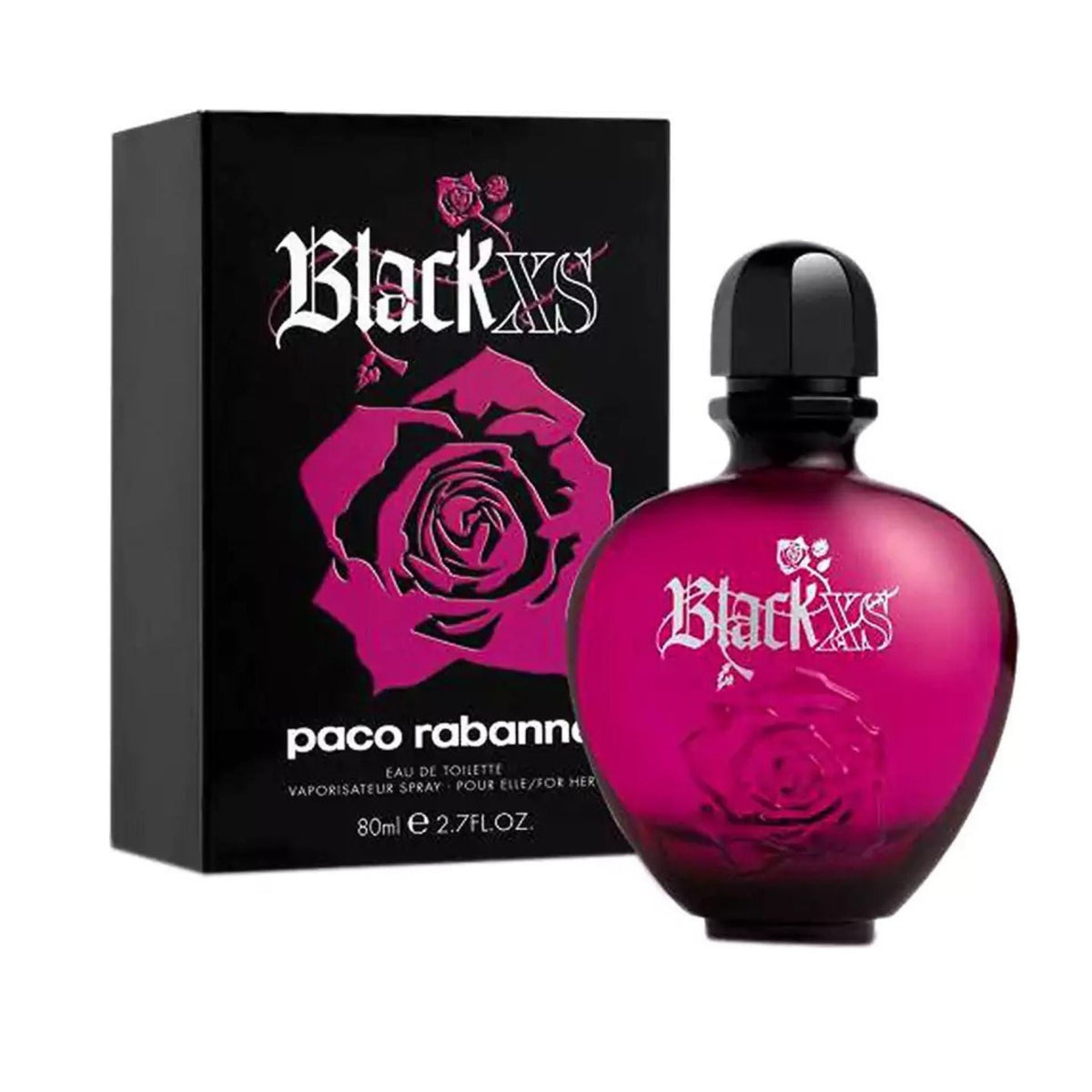 Refect Beauty Paco Rabanne Black XS Eau de Toilette for women in a vibrant pink bottle with a black box featuring a rose