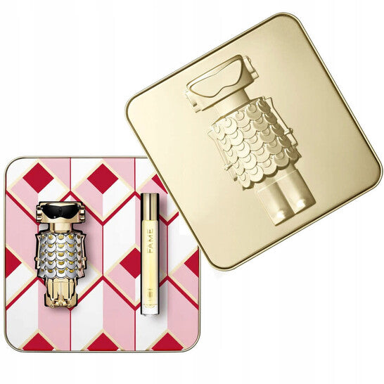 Refect Beauty Paco Rabanne Fame gift set featuring a robot-shaped perfume bottle and a mini travel spray in a tin box