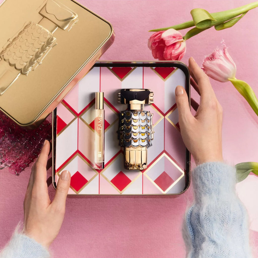 Refect Beauty Paco Rabanne Fame Eau de Parfum gift set with full-size and mini fragrance bottles in a decorative tin.