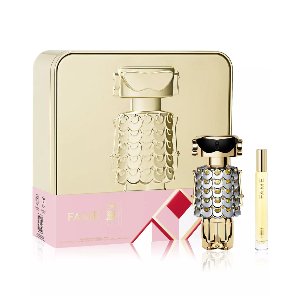 Refect Beauty Paco Rabanne Fame gift set featuring a gold robot-shaped perfume bottle and a travel-size spray.