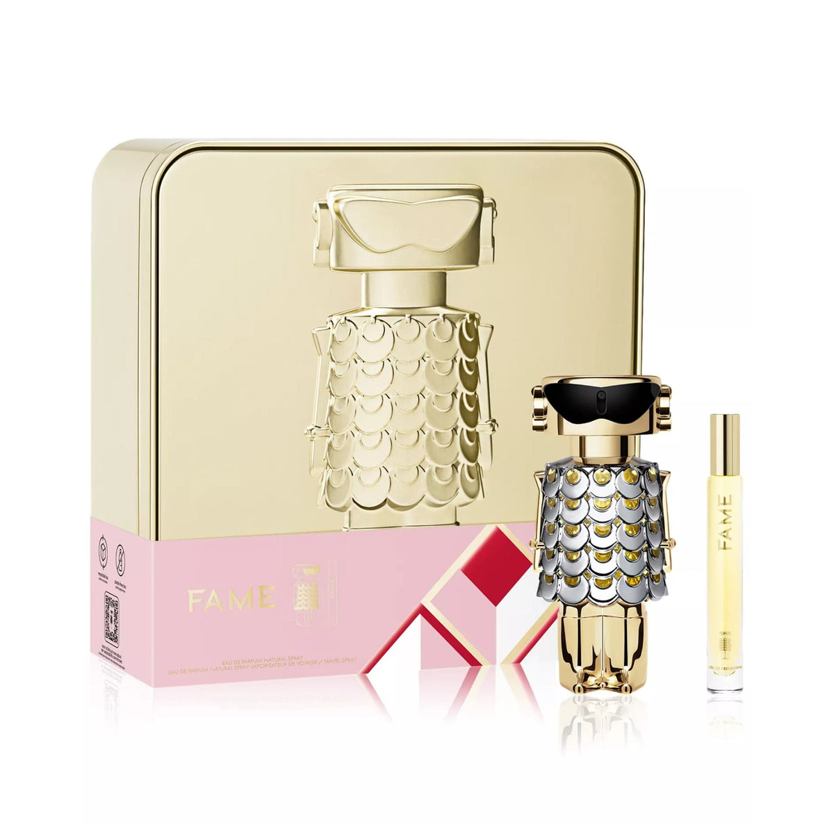 Refect Beauty Paco Rabanne Fame gift set featuring a gold robot-shaped perfume bottle and a travel-size spray.