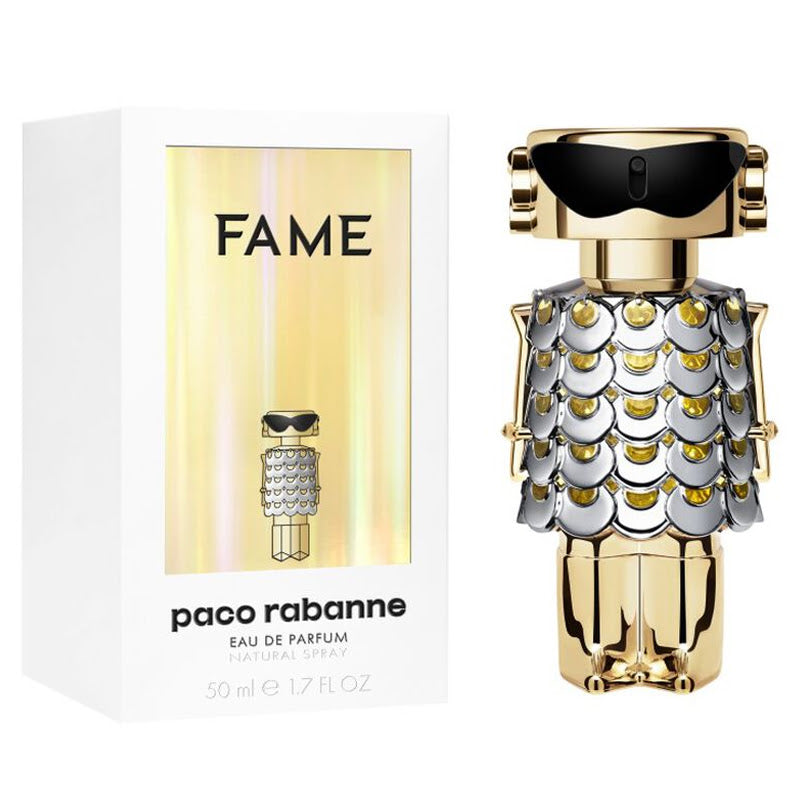 Refect Beauty Paco Rabanne Fame Eau de Parfum bottle with gold and silver robot-shaped design and matching box