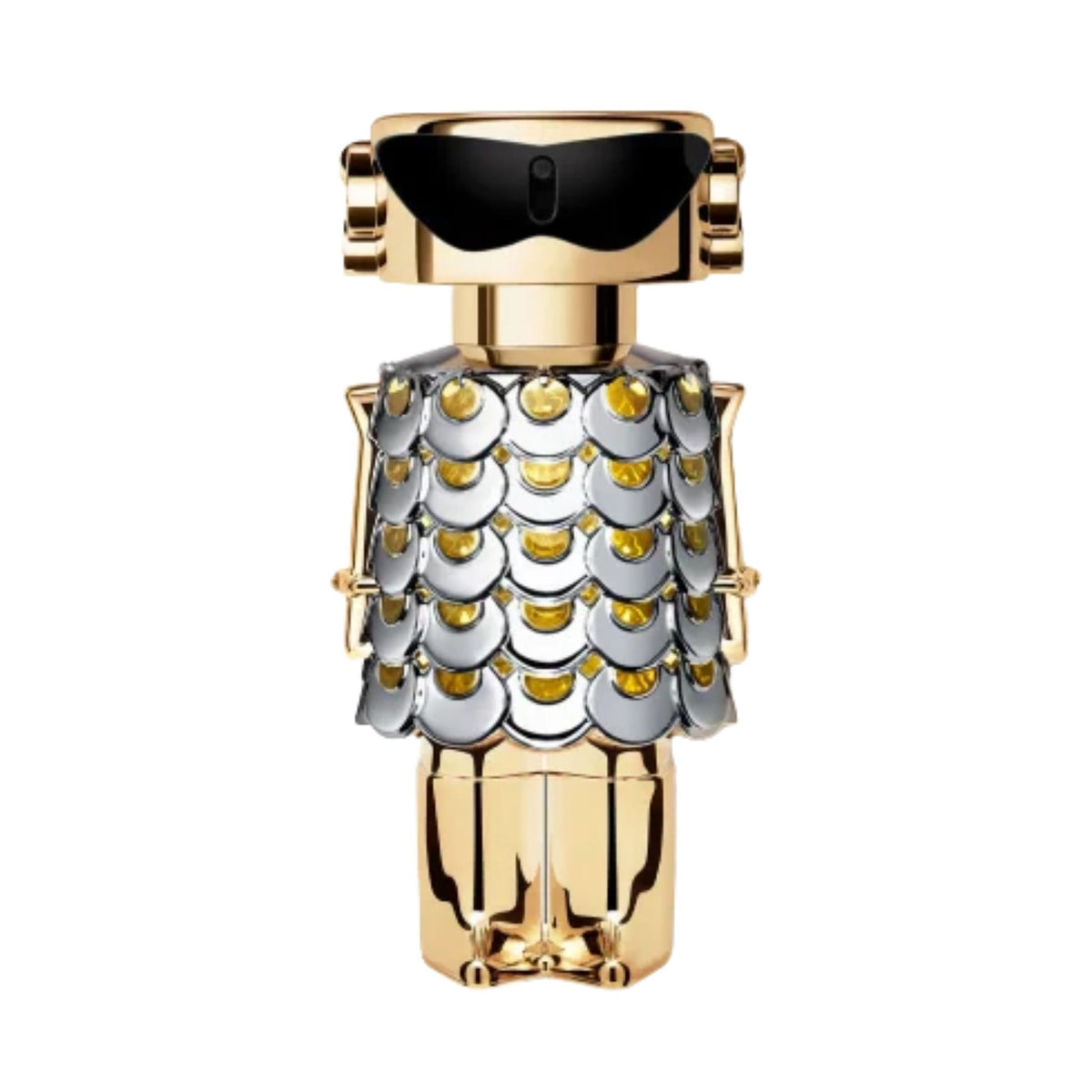 Refect Beauty Paco Rabanne Fame Eau de Parfum in a unique gold and silver robot-shaped bottle with scale details.