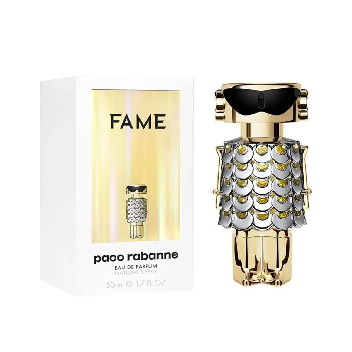 Refect Beauty Paco Rabanne Fame Eau de Parfum bottle with its iconic gold and silver robot-shaped design and box