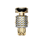 Refect Beauty Paco Rabanne Fame Eau de Parfum in a unique gold and silver robot-shaped bottle with scale detailing.