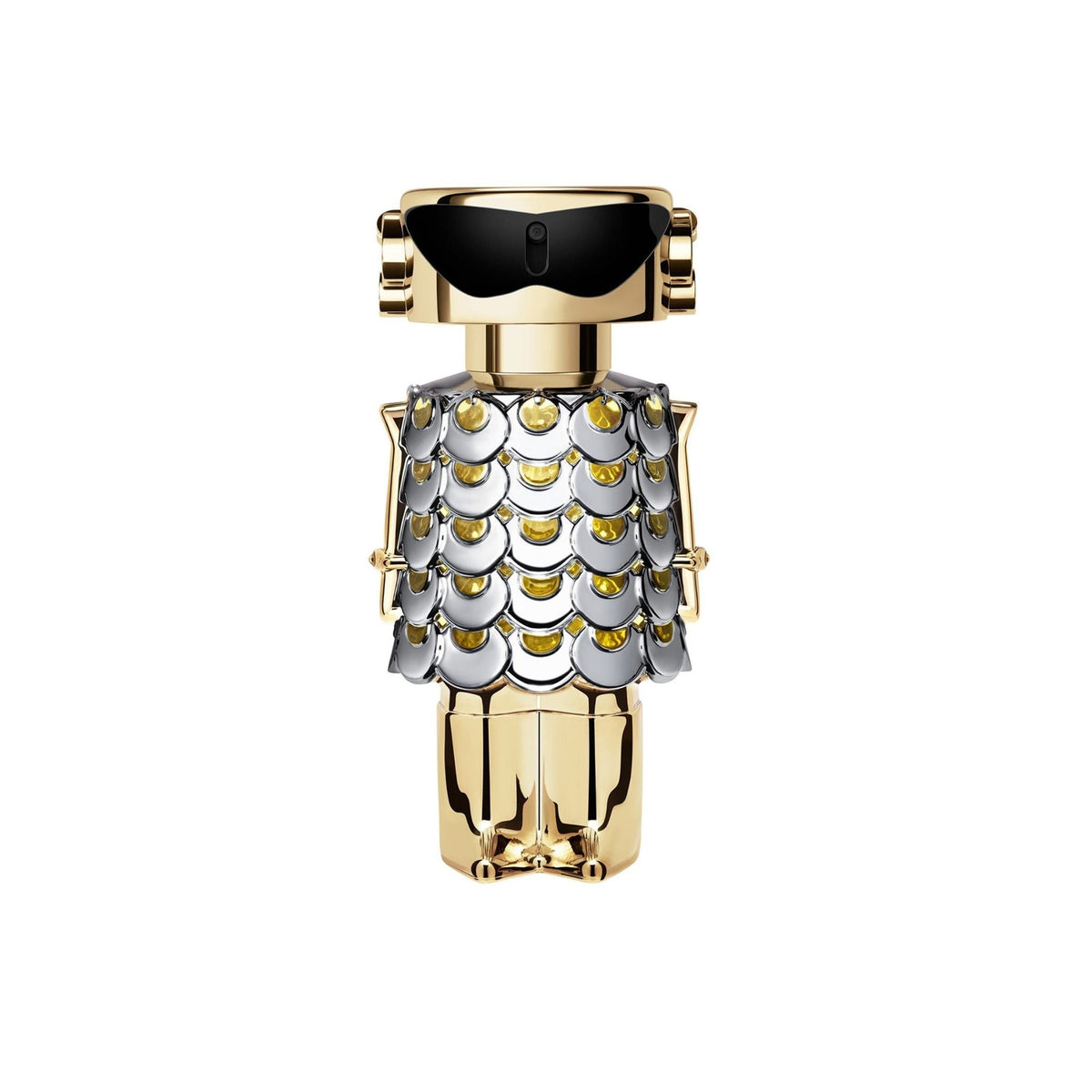 Refect Beauty Paco Rabanne Fame Eau de Parfum in a unique gold and silver robot-shaped bottle with scale detailing.