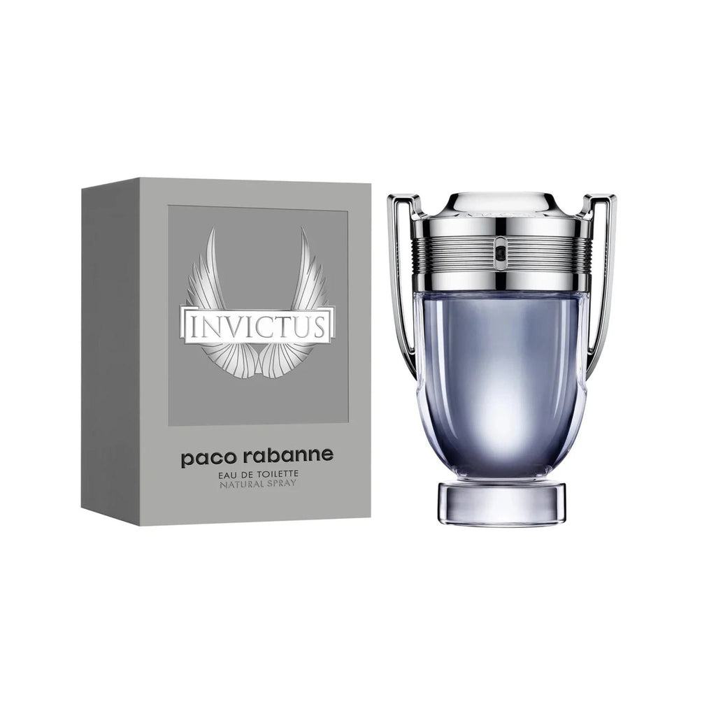 Refect Beauty Paco Rabanne Invictus Eau de Toilette trophy-shaped glass bottle next to its grey branded product box