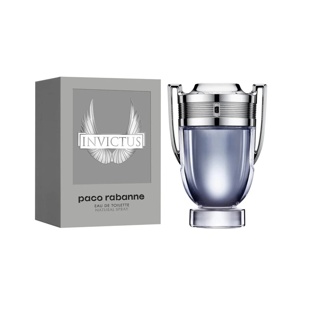 Refect Beauty Paco Rabanne Invictus Eau de Toilette trophy-shaped glass bottle next to its grey branded product box