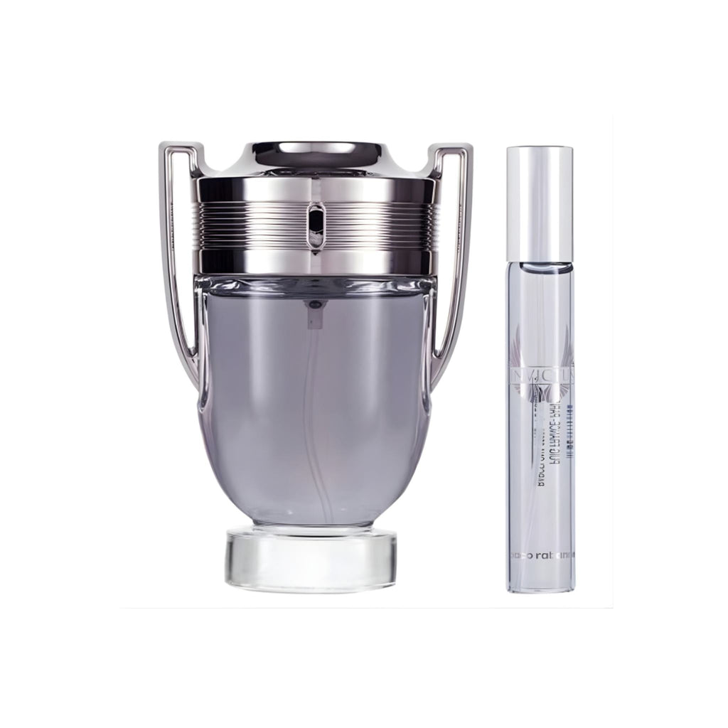 Refect Beauty Paco Rabanne Invictus gift set featuring a trophy-shaped 100ml fragrance bottle and a 10ml travel spray.