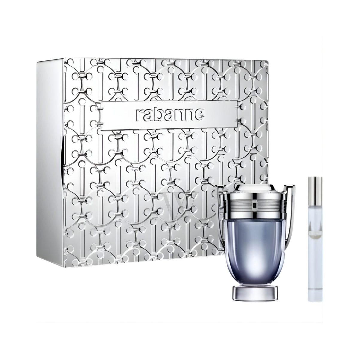 Refect Beauty Paco Rabanne Invictus gift set featuring a trophy-shaped fragrance bottle and travel spray in a box.