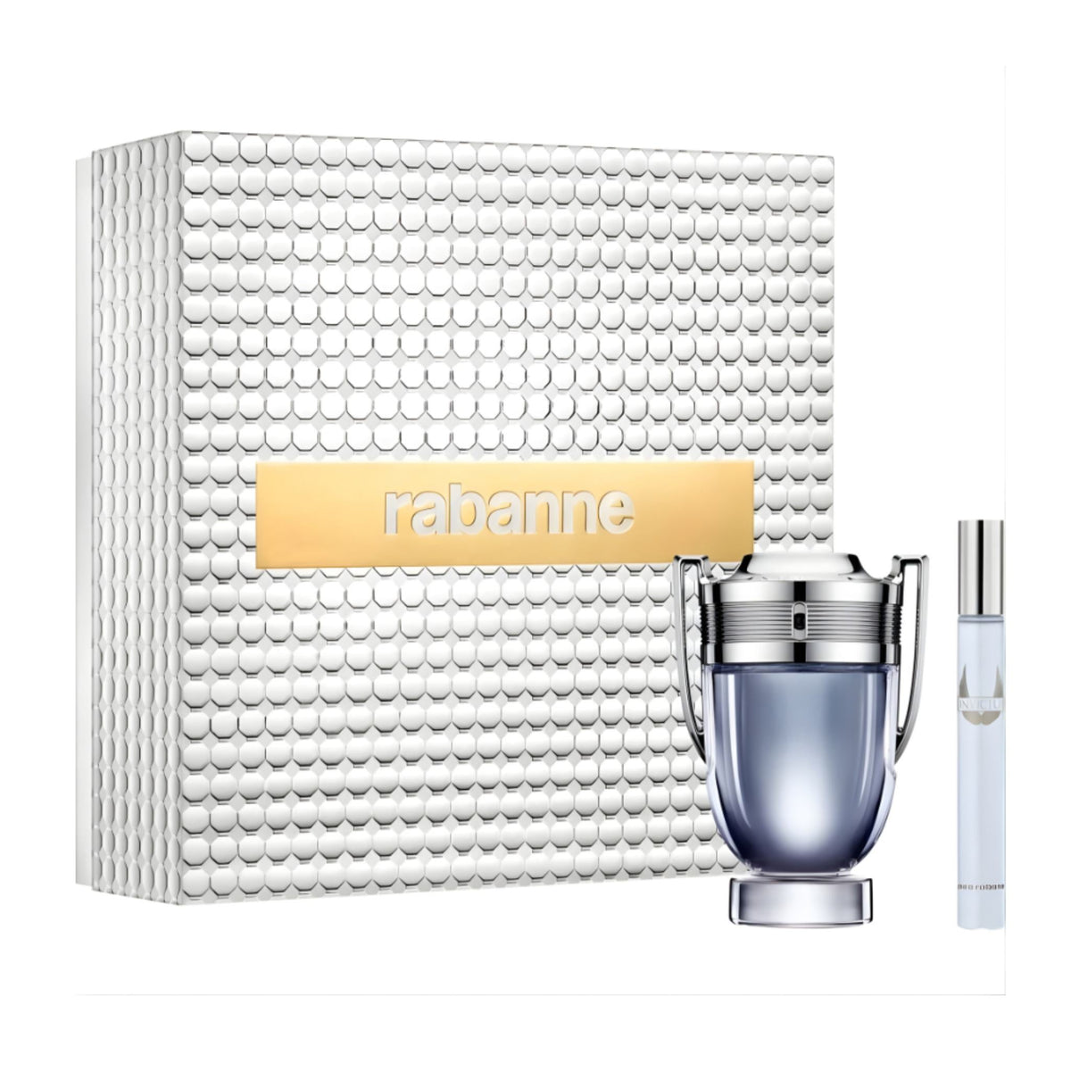 Refect Beauty Paco Rabanne Invictus gift set with trophy-shaped fragrance bottle and travel spray in textured box