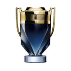 Refect Beauty Paco Rabanne Invictus Parfum in a dark blue glass trophy-shaped bottle with a gold metallic cap.