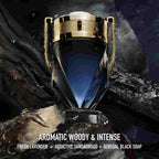 Refect Beauty Paco Rabanne Invictus Parfum bottle with gold trophy design on a dark, rocky, aquatic background.