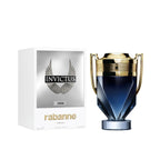 Refect Beauty Paco Rabanne Invictus Parfum bottle and packaging featuring a trophy-shaped blue glass bottle