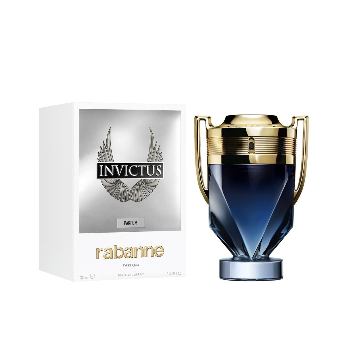 Refect Beauty Paco Rabanne Invictus Parfum bottle and packaging featuring a trophy-shaped blue glass bottle