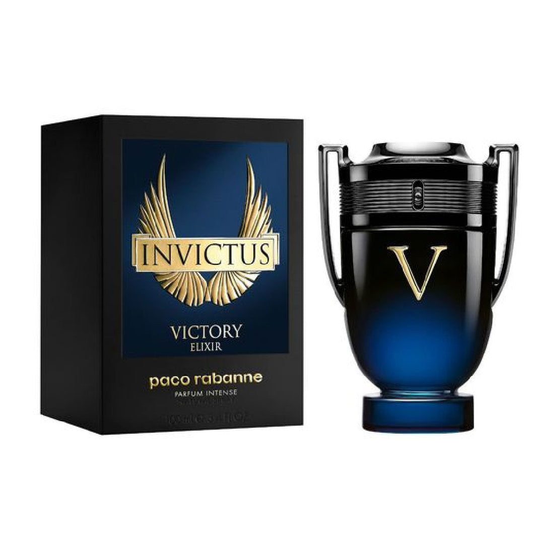 Refect Beauty Paco Rabanne Invictus Victory Elixir perfume bottle and box with iconic trophy design and gold V logo