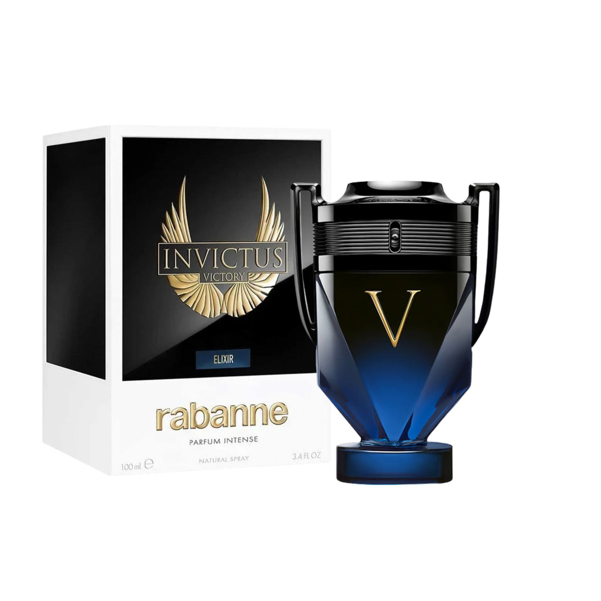 Refect Beauty Paco Rabanne Invictus Victory Elixir perfume bottle and box with gold wing logo on black background