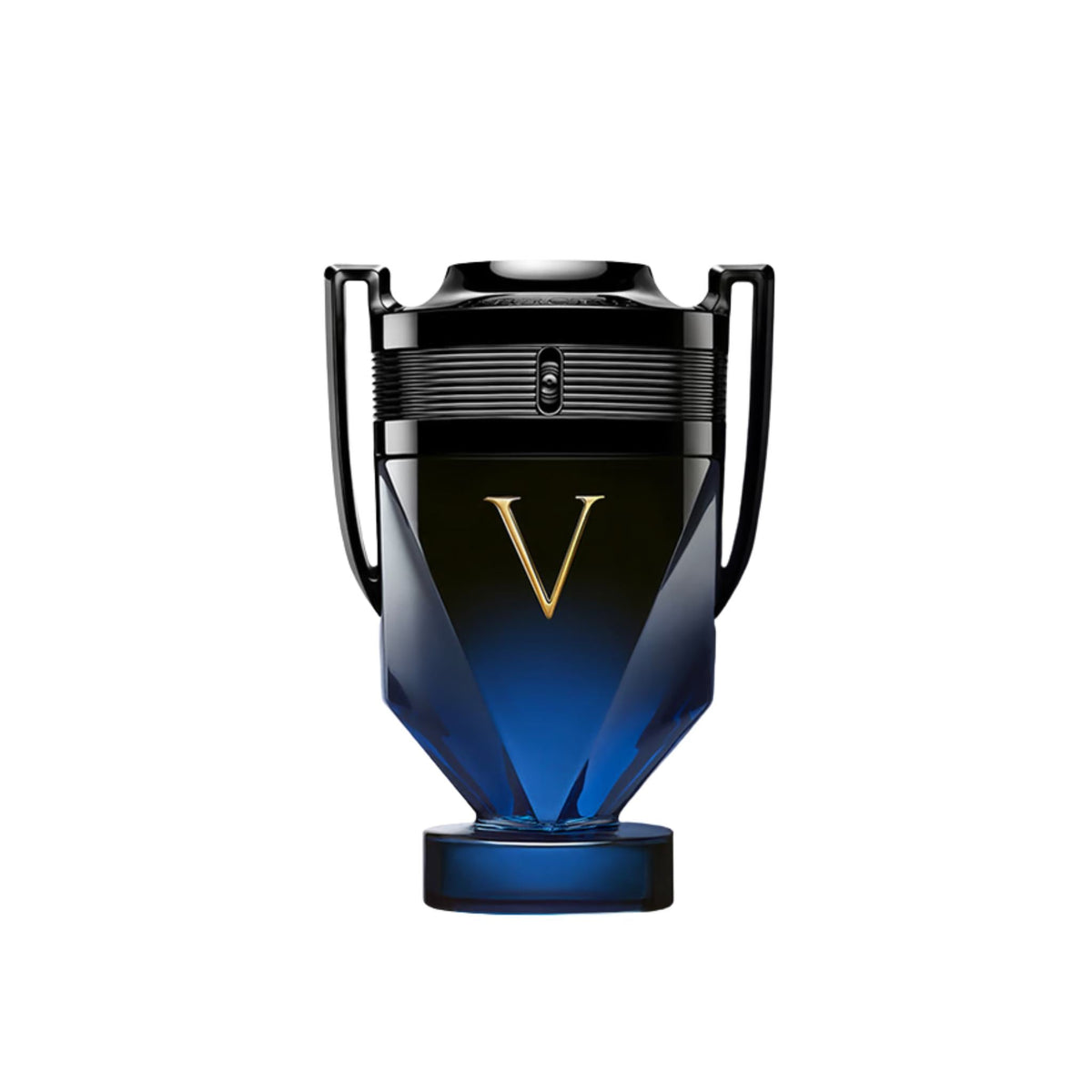 Refect Beauty Paco Rabanne Invictus Victory Elixir trophy-shaped perfume bottle with dark blue and black gradient