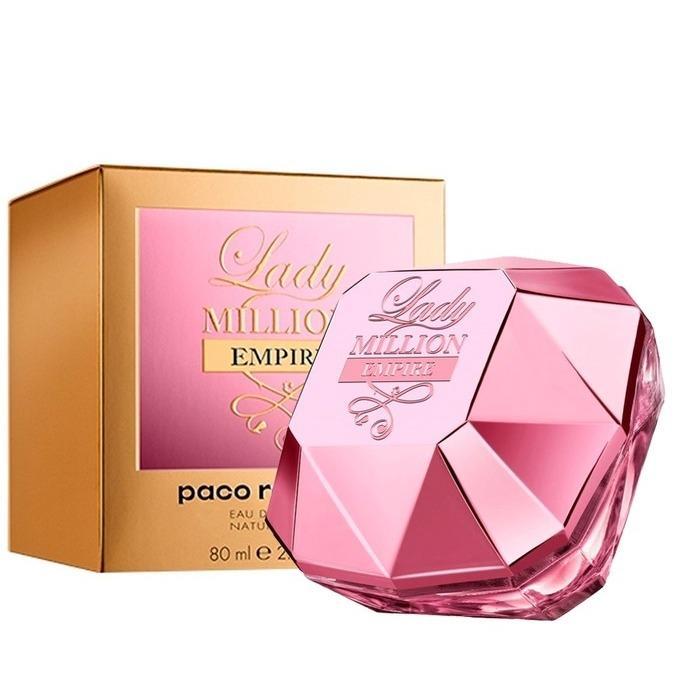 Refect Beauty Paco Rabanne Lady Million Empire Eau de Parfum in a diamond-shaped pink bottle next to its gold box.