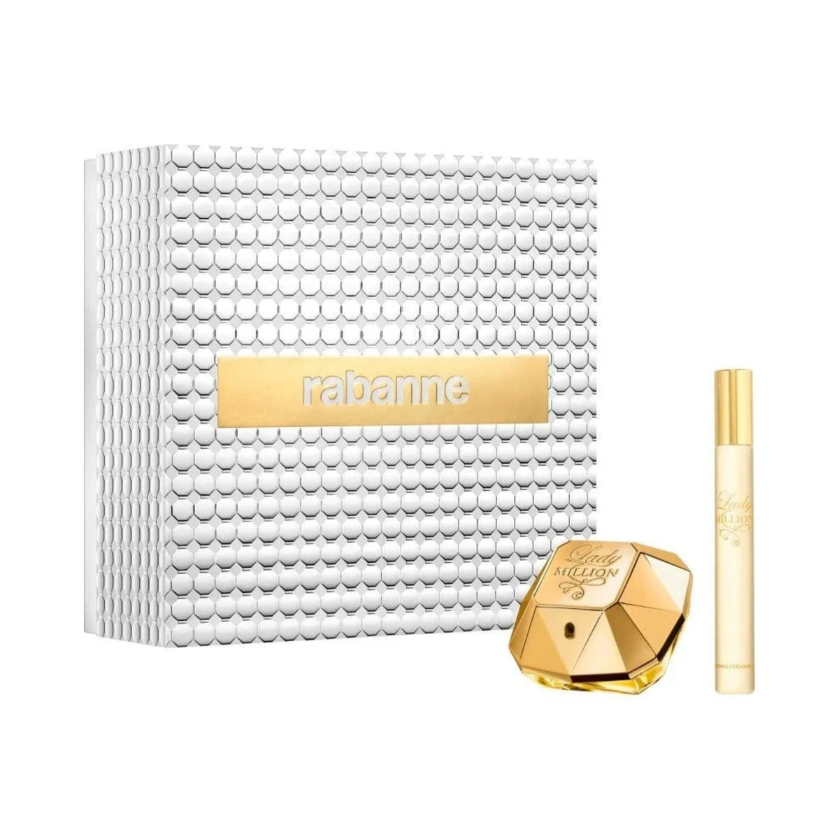 Refect Beauty Paco Rabanne Lady Million gift set featuring a diamond-shaped gold perfume bottle and travel spray
