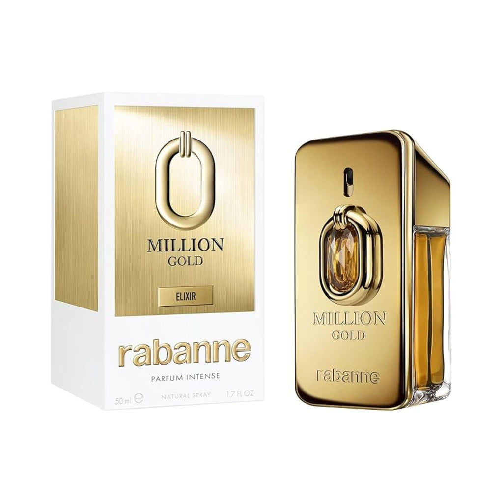 Refect Beauty Paco Rabanne Million Gold Elixir Parfum Intense bottle and white gold packaging box