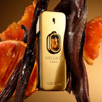 Refect Beauty Paco Rabanne Million Gold Elixir parfum bottle surrounded by fresh mandarin slices and vanilla beans