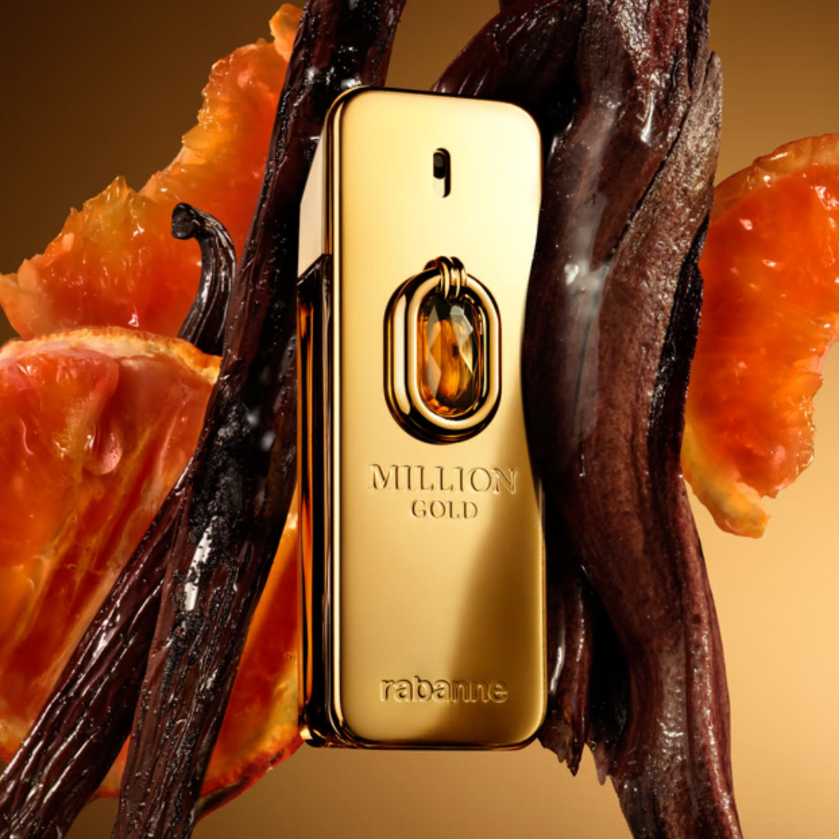 Refect Beauty Paco Rabanne Million Gold Elixir parfum bottle surrounded by fresh mandarin slices and vanilla beans