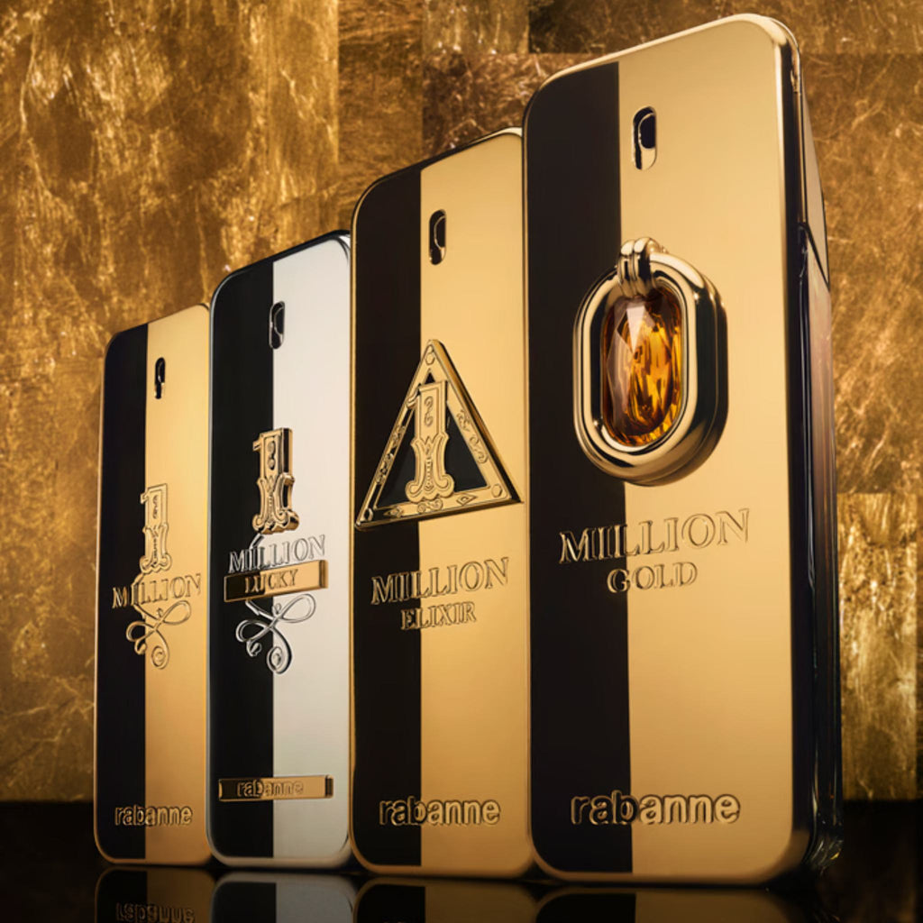 Refect Beauty Paco Rabanne Million Gold Elixir and other iconic gold and black fragrance bottles on a gold background