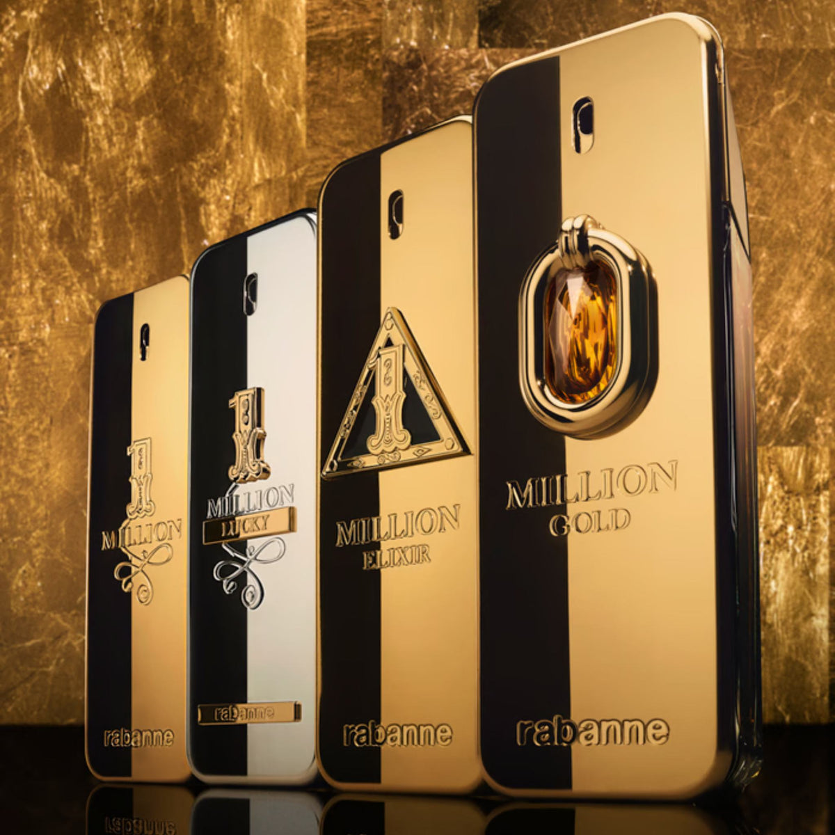Refect Beauty Paco Rabanne Million Gold Elixir and other iconic gold and black fragrance bottles on a gold background